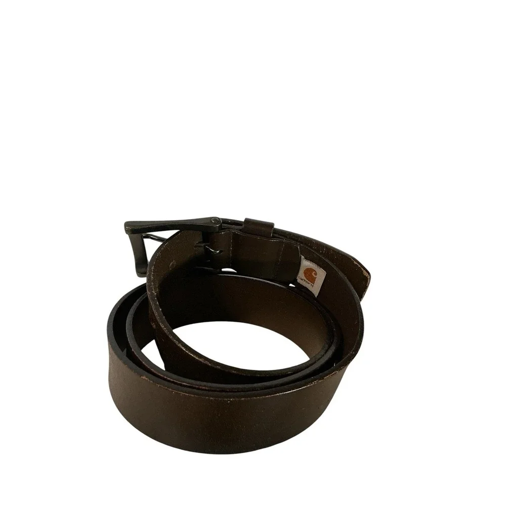 Vtg Carhartt Top Grain Leather Brown Leather Belt Size 44 Distressed Blk Buckle
